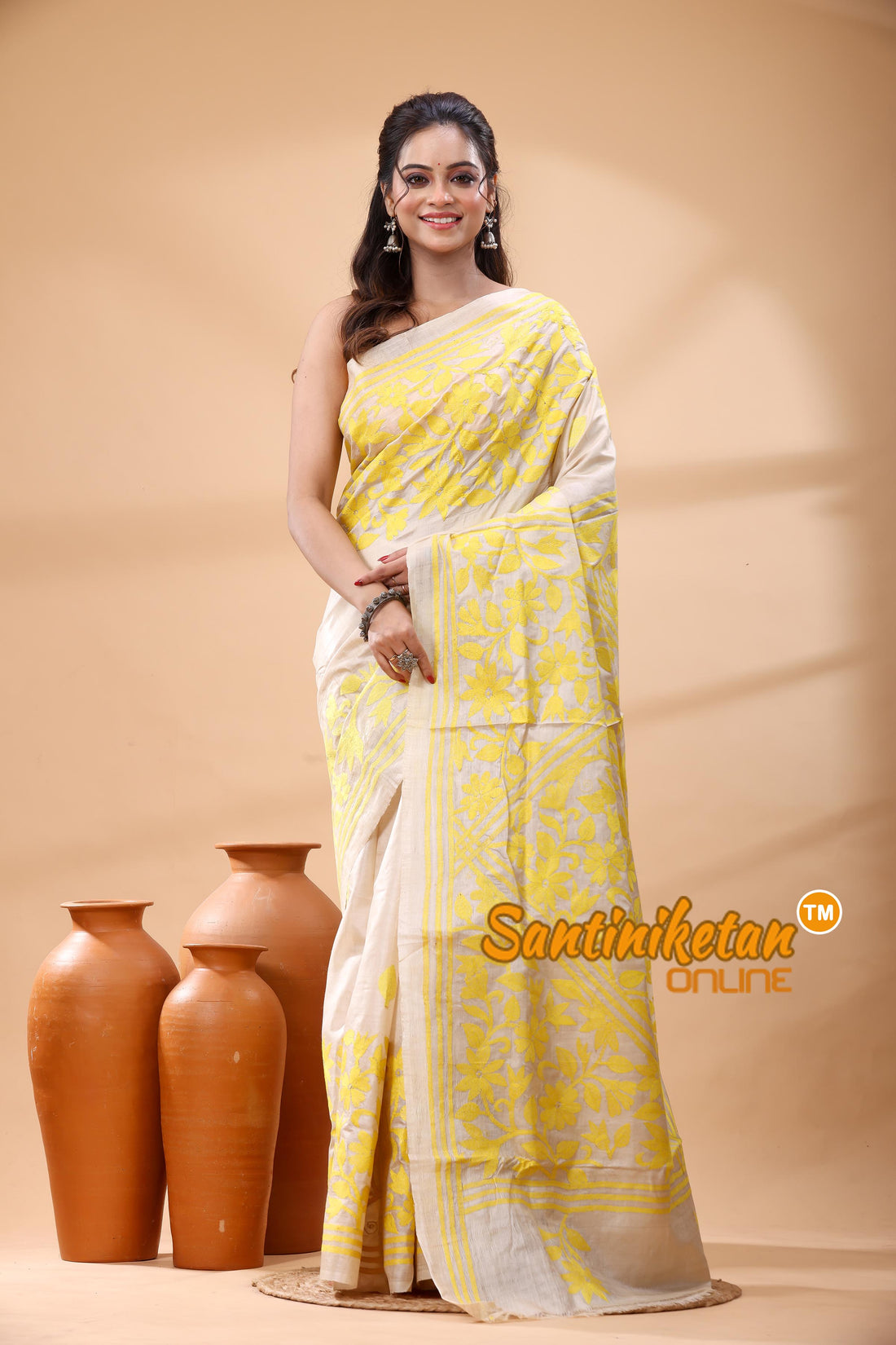 Pure Gachi Dye Tussar Silk Kantha Stitch Saree