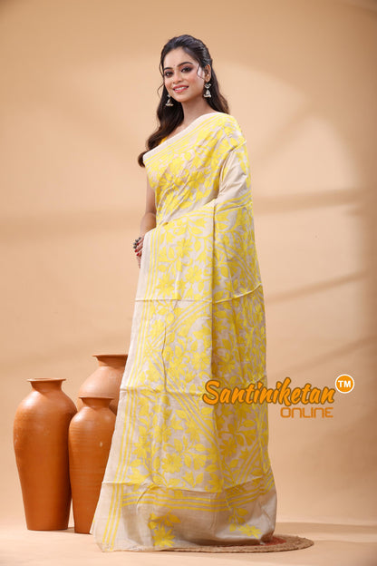Pure Gachi Dye Tussar Silk Kantha Stitch Saree