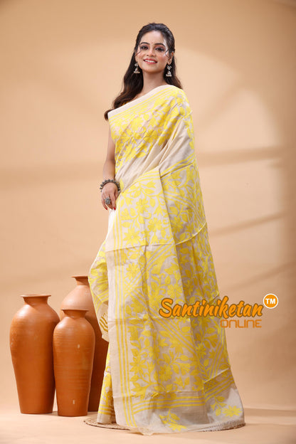 Pure Gachi Dye Tussar Silk Kantha Stitch Saree