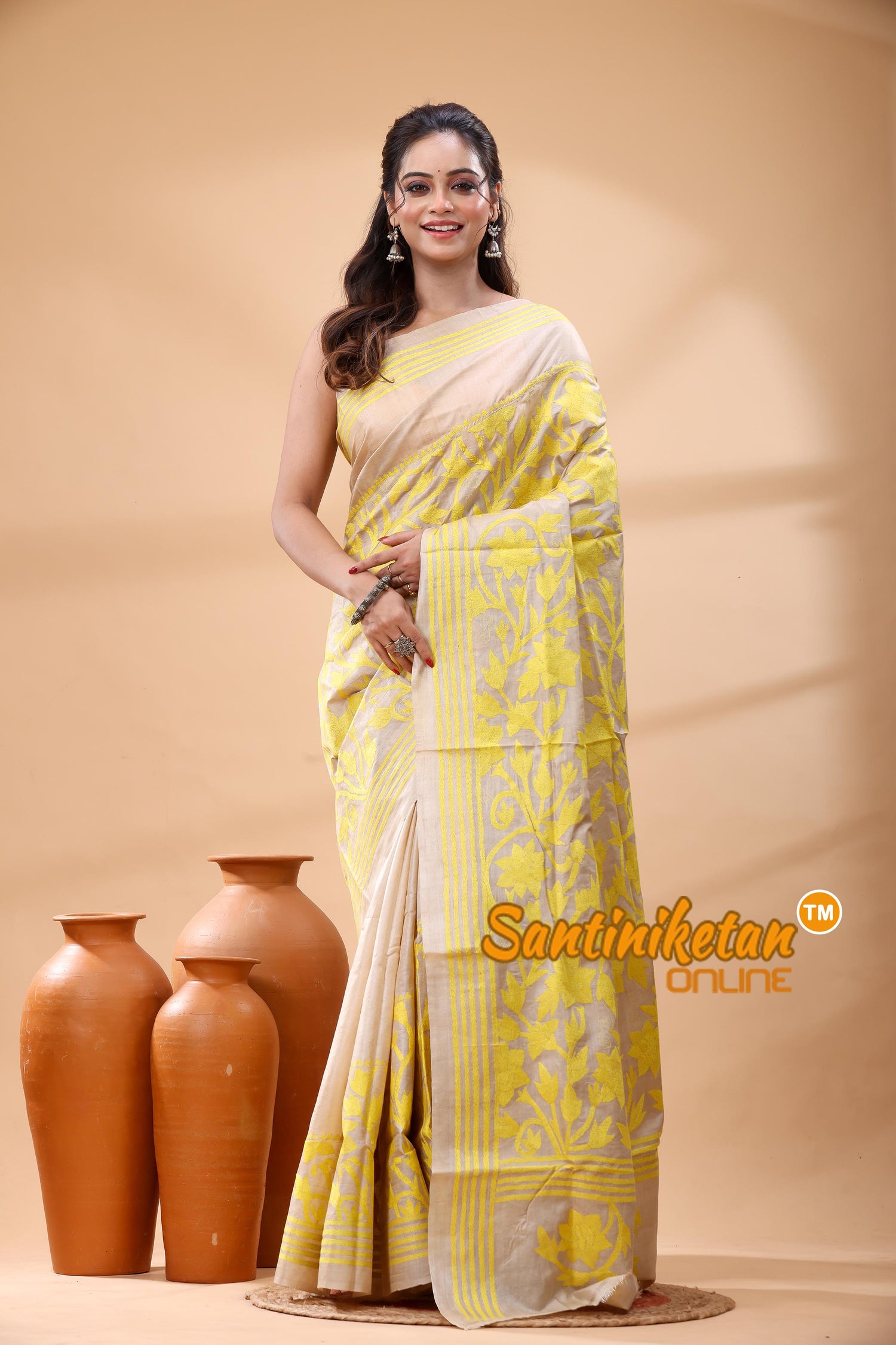 Pure Gachi Tussar Silk Kantha Stitch Saree