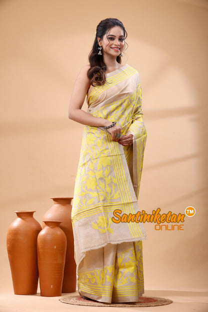 Pure Gachi Tussar Silk Kantha Stitch Saree