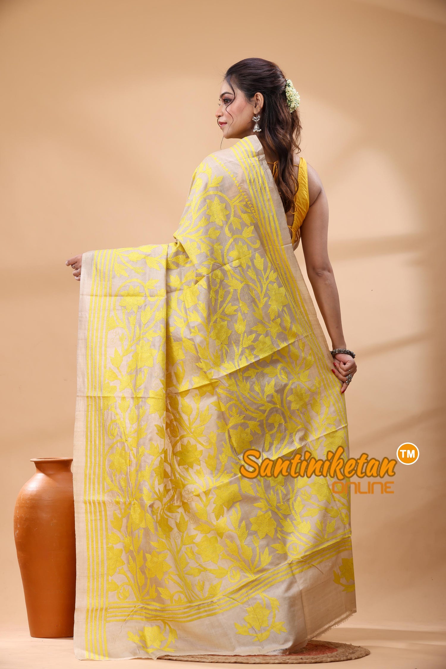 Pure Gachi Tussar Silk Kantha Stitch Saree