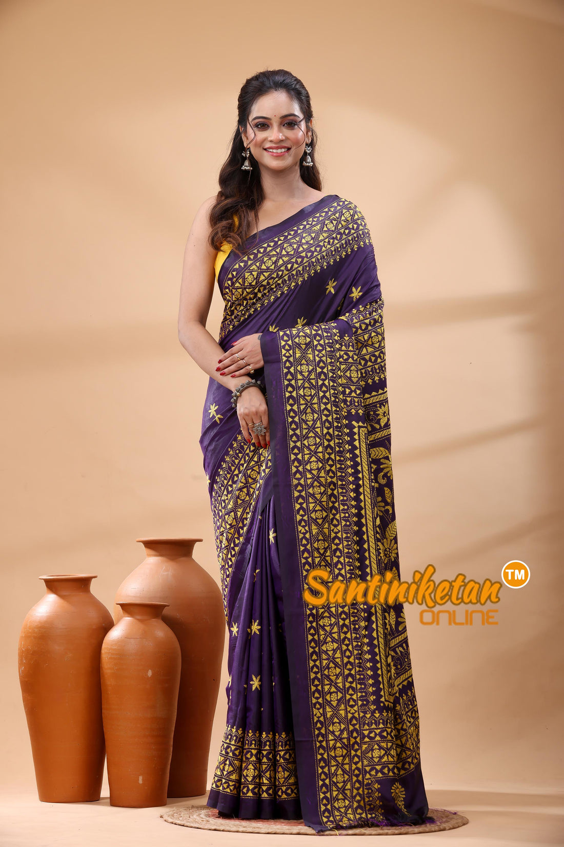 Pure Bangalore Silk Kantha Stitch Saree