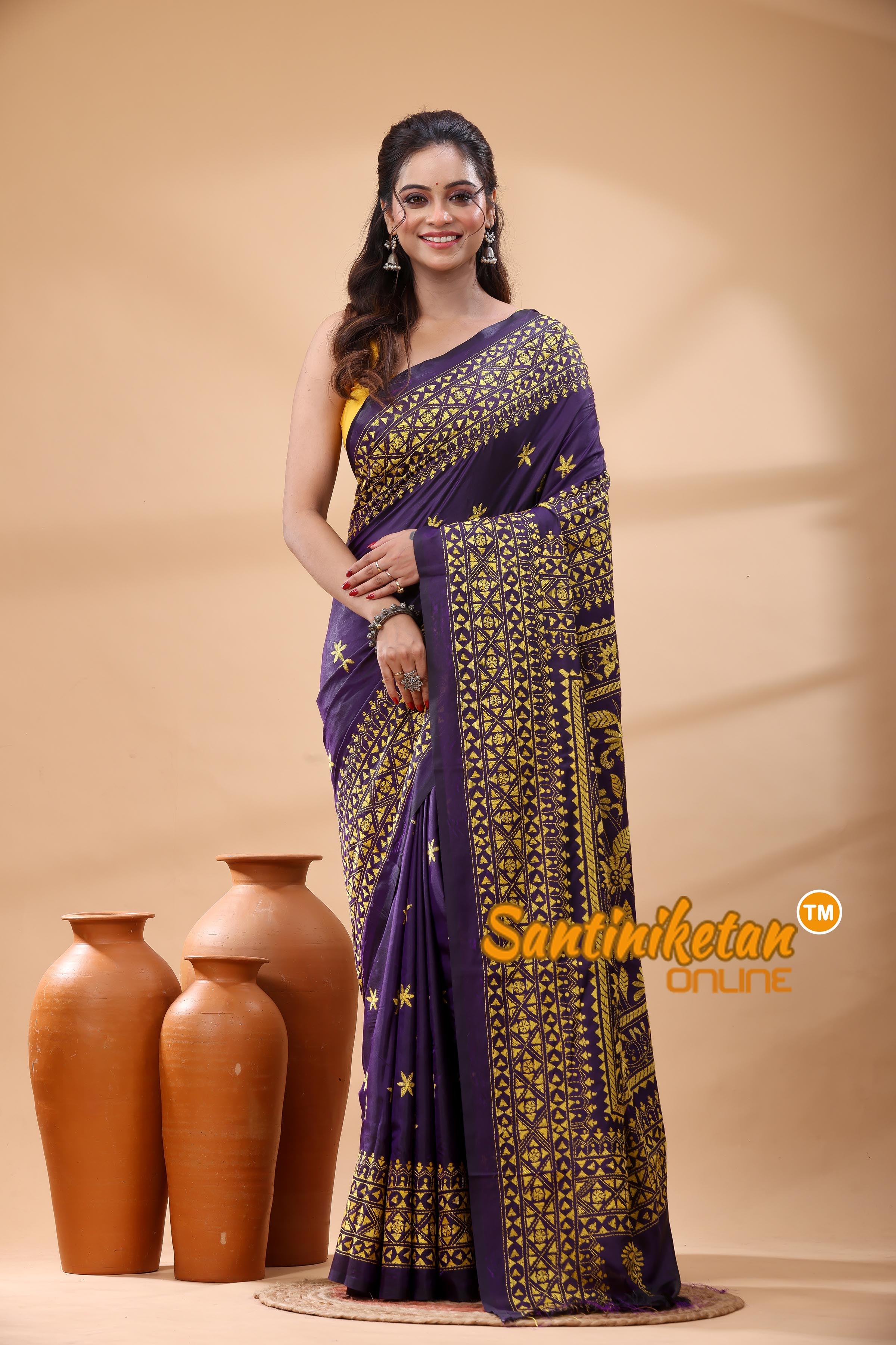 Pure Bangalore Silk Kantha Stitch Saree