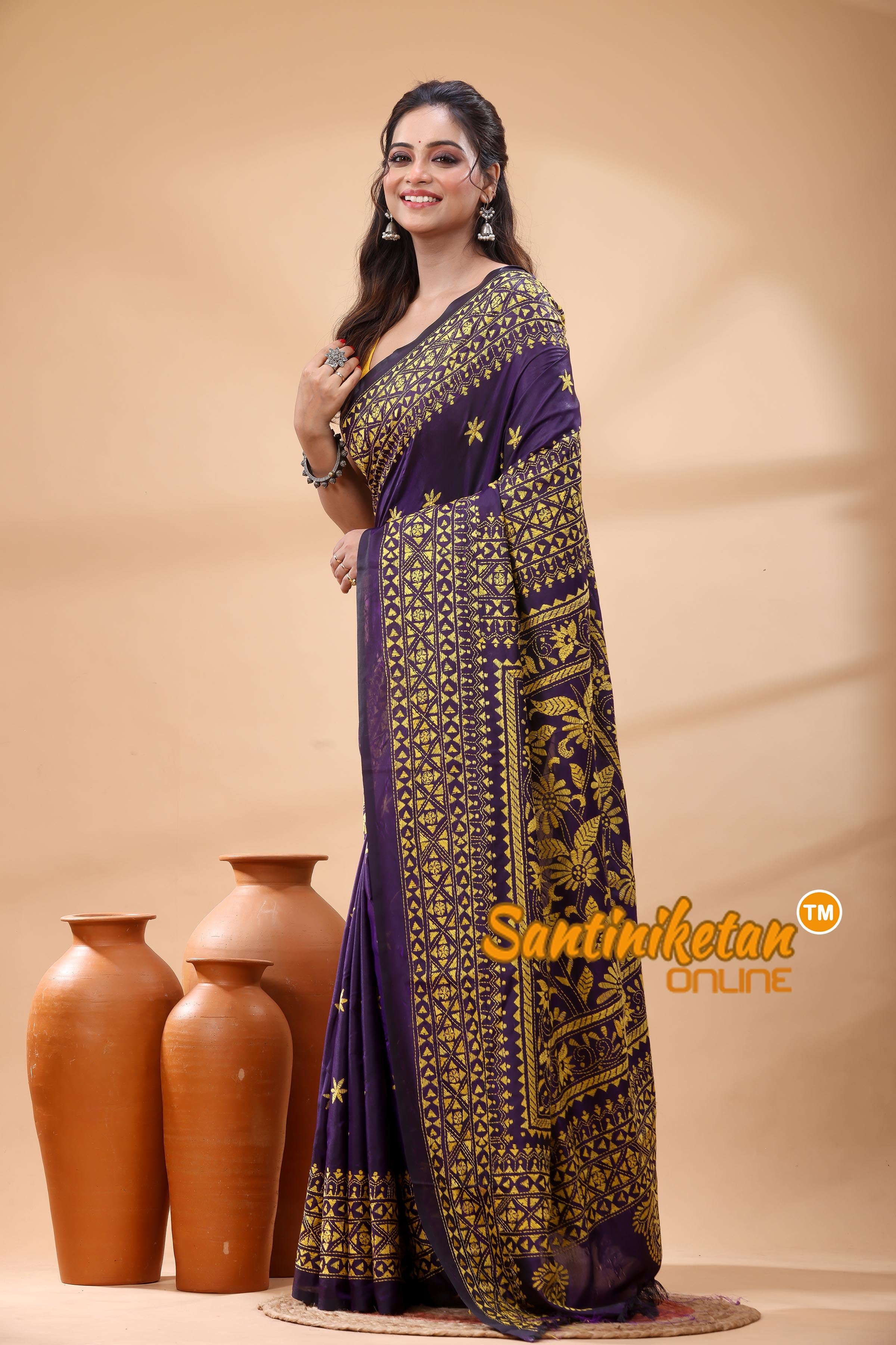 Pure Bangalore Silk Kantha Stitch Saree