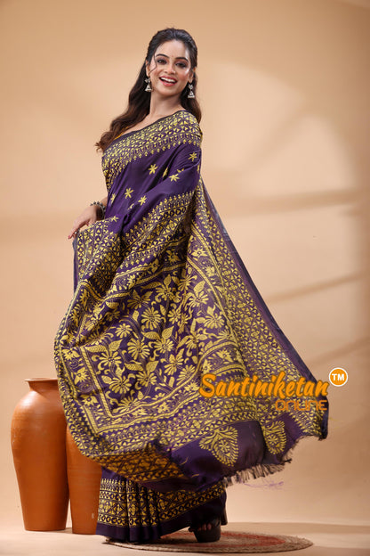 Pure Bangalore Silk Kantha Stitch Saree