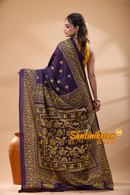 Pure Bangalore Silk Kantha Stitch Saree