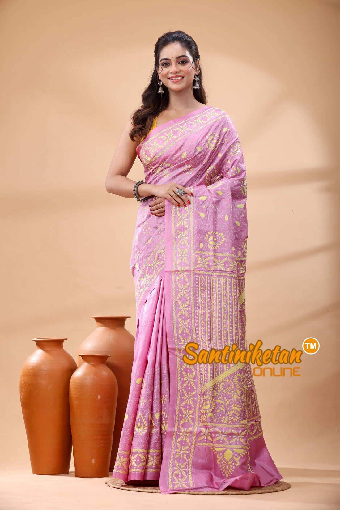 Pure Gachi Dye Tussar Silk Kantha Stitch Saree