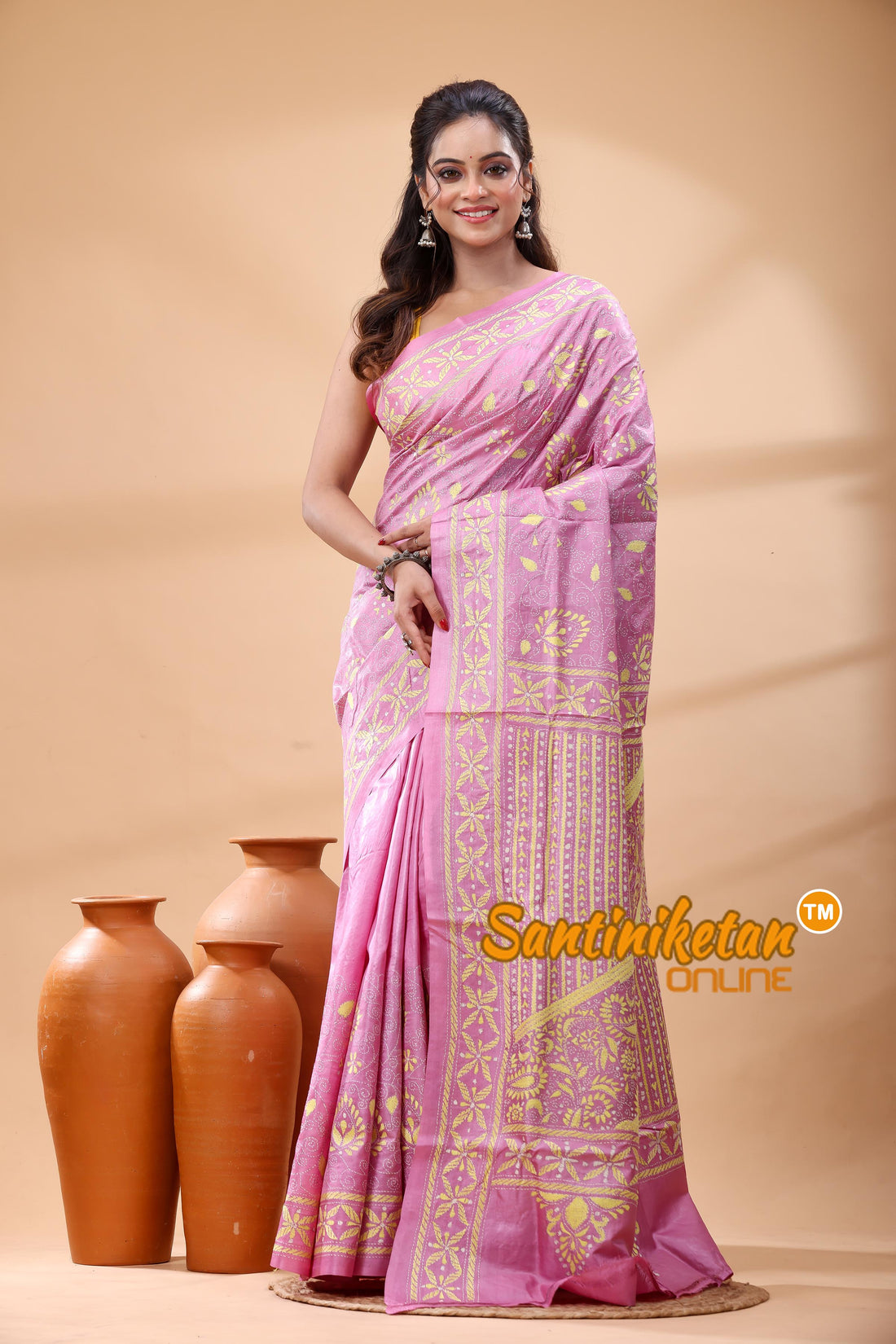 Pure Gachi Dye Tussar Silk Kantha Stitch Saree
