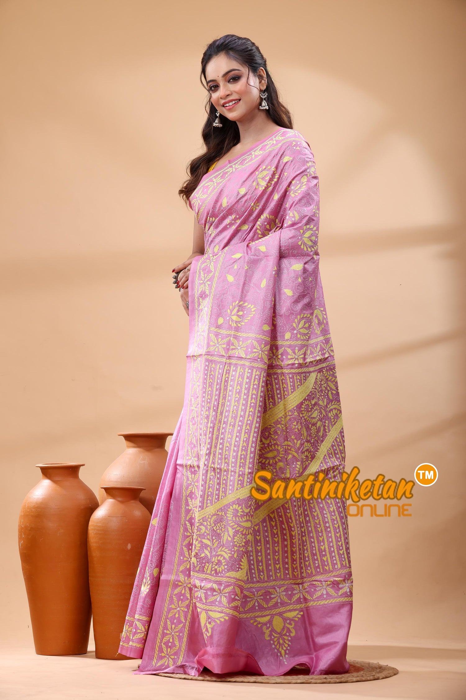 Pure Gachi Dye Tussar Silk Kantha Stitch Saree