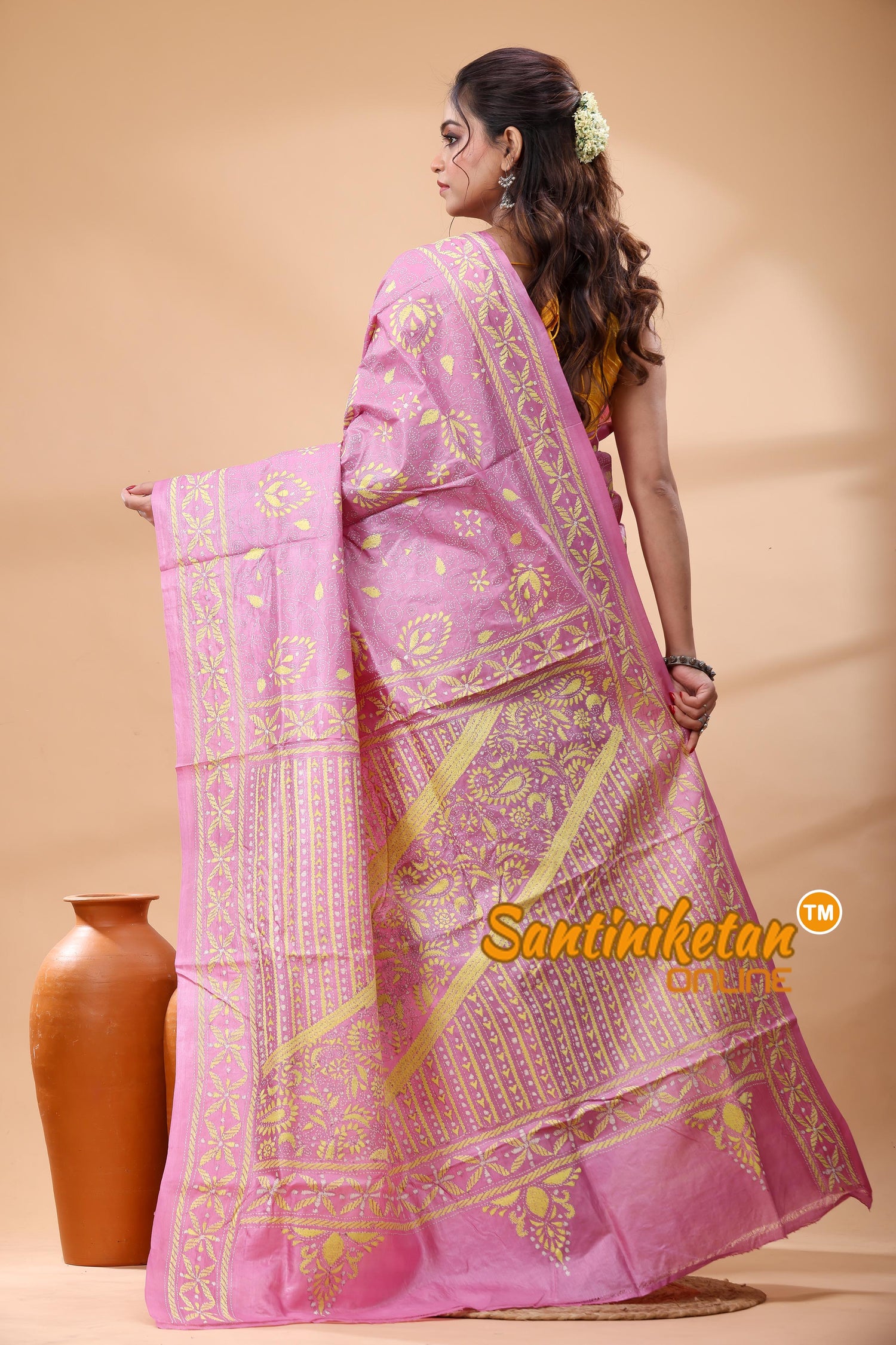 Pure Gachi Dye Tussar Silk Kantha Stitch Saree