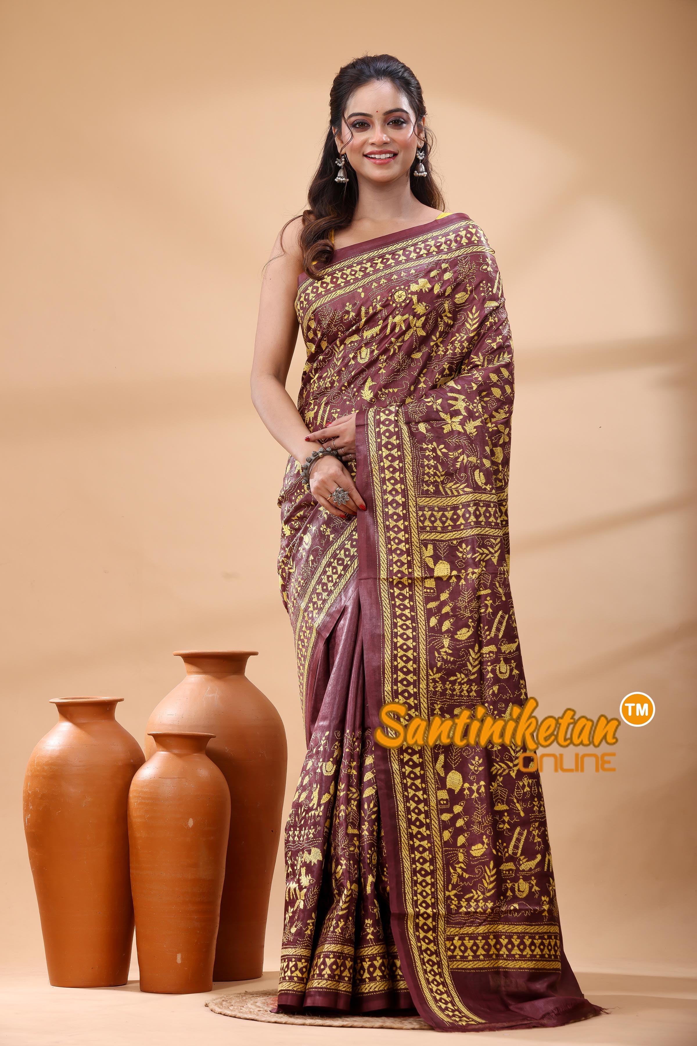 Pure Gachi Dye Tussar Silk Kantha Stitch Saree