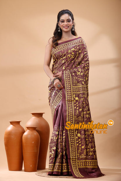 Pure Gachi Dye Tussar Silk Kantha Stitch Saree
