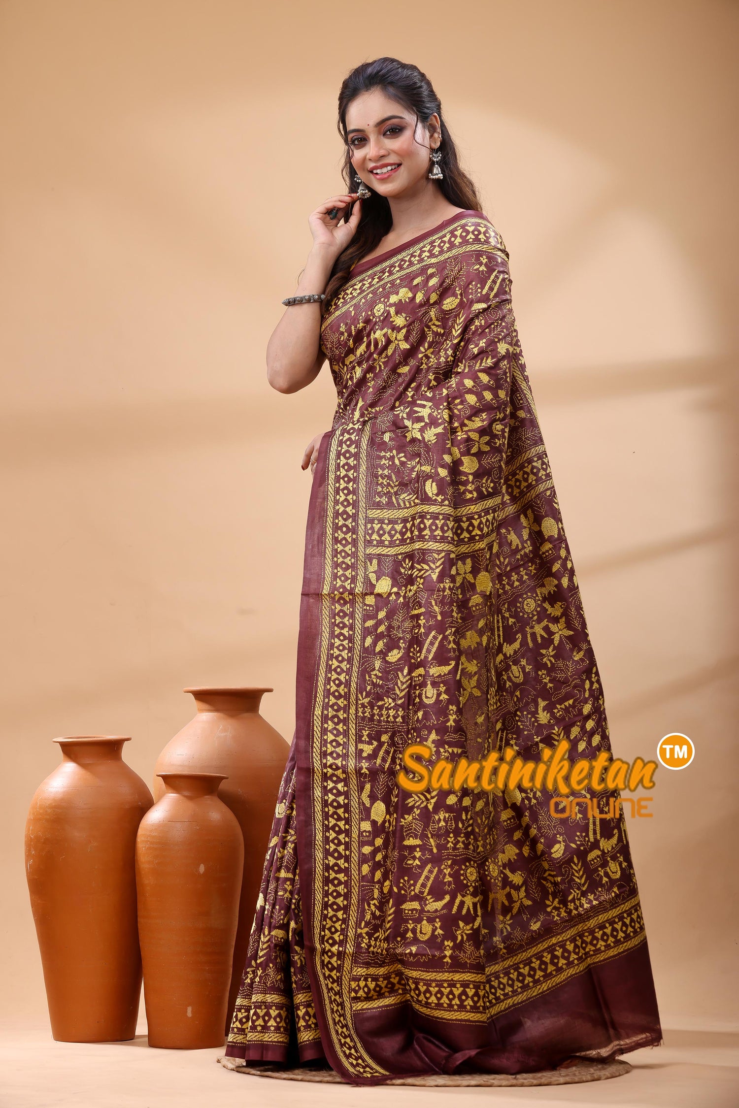 Pure Gachi Dye Tussar Silk Kantha Stitch Saree