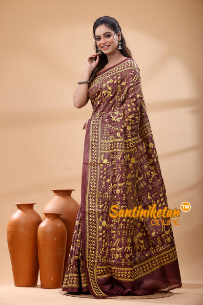 Pure Gachi Dye Tussar Silk Kantha Stitch Saree