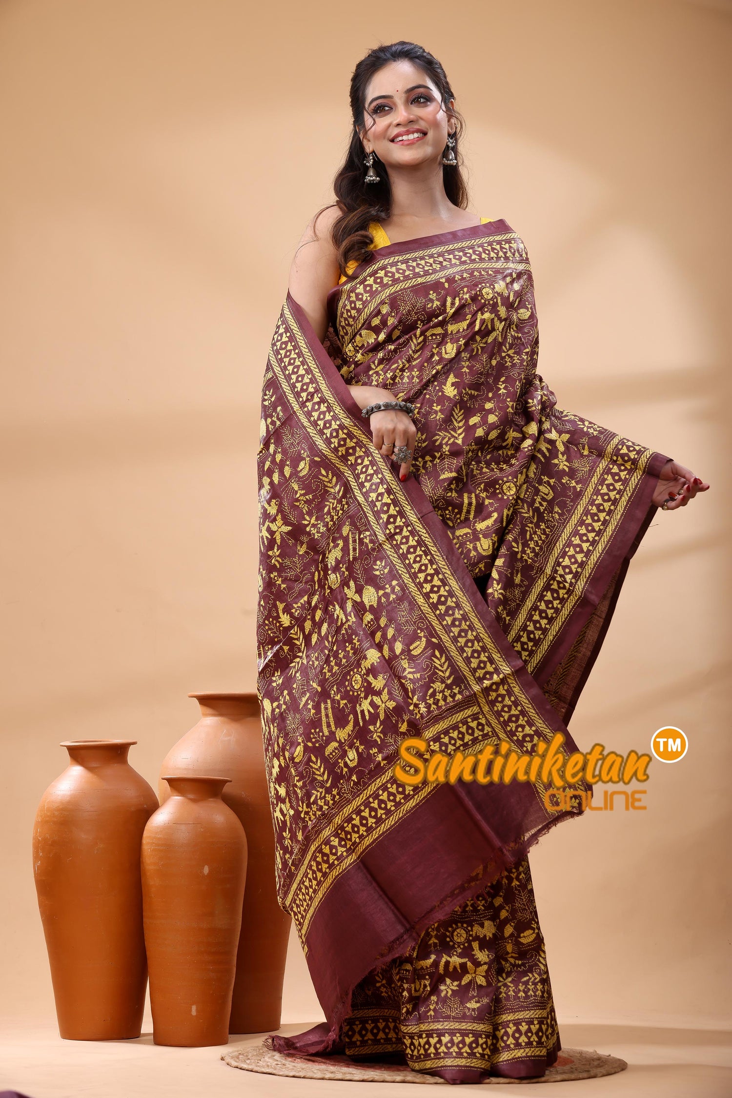 Pure Gachi Dye Tussar Silk Kantha Stitch Saree