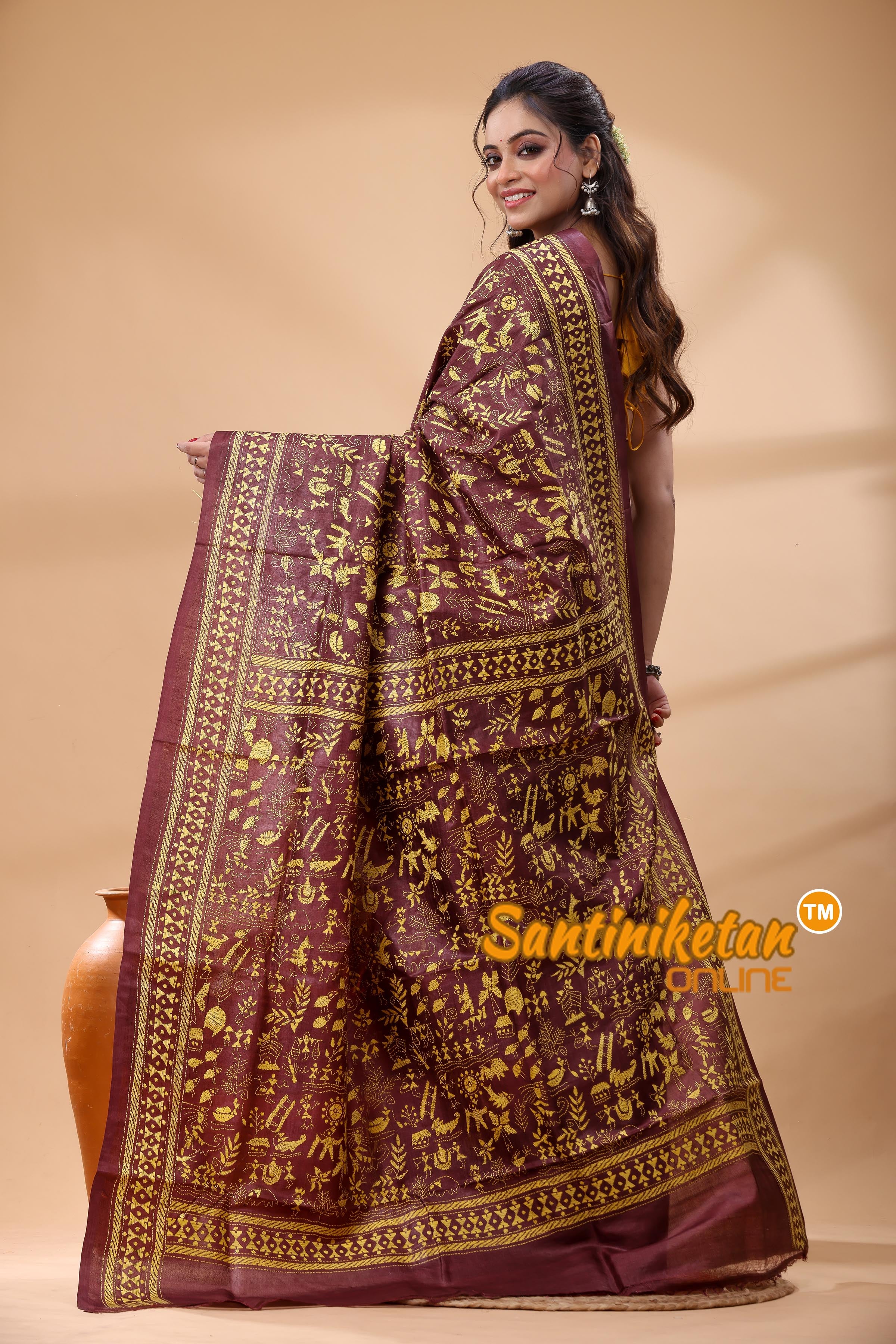 Pure Gachi Dye Tussar Silk Kantha Stitch Saree