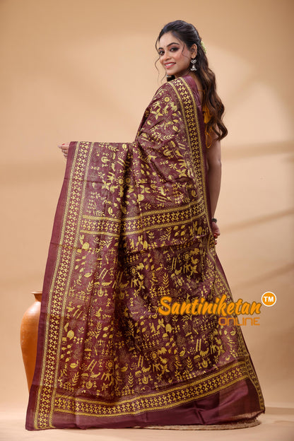 Pure Gachi Dye Tussar Silk Kantha Stitch Saree