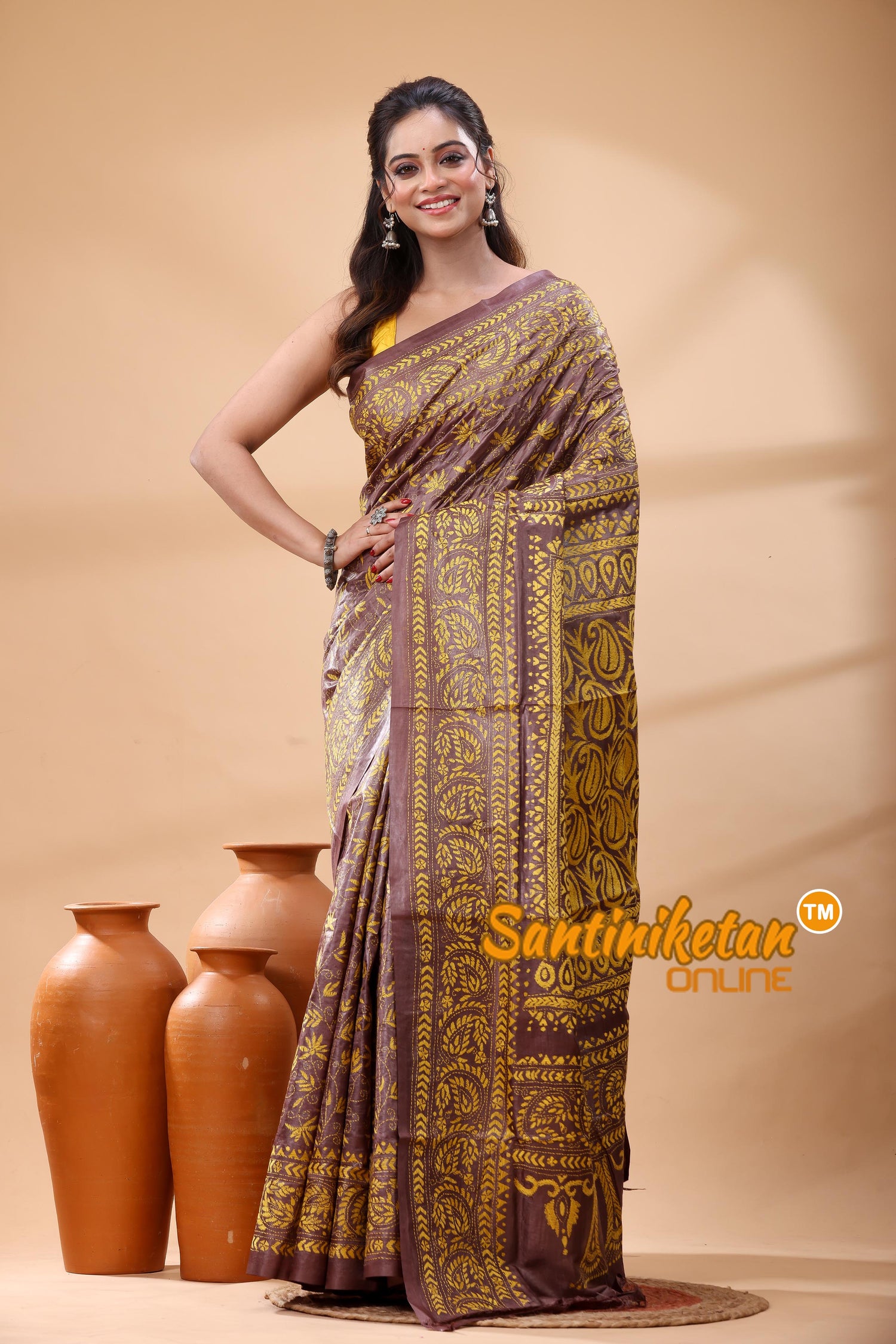 Pure Gachi Dye Tussar Silk Kantha Stitch Saree