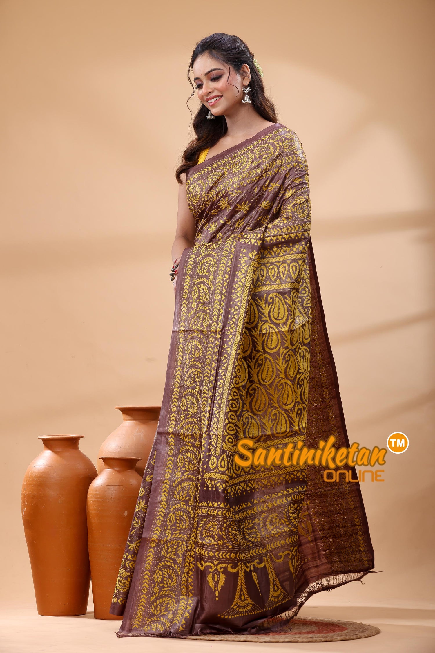 Pure Gachi Dye Tussar Silk Kantha Stitch Saree