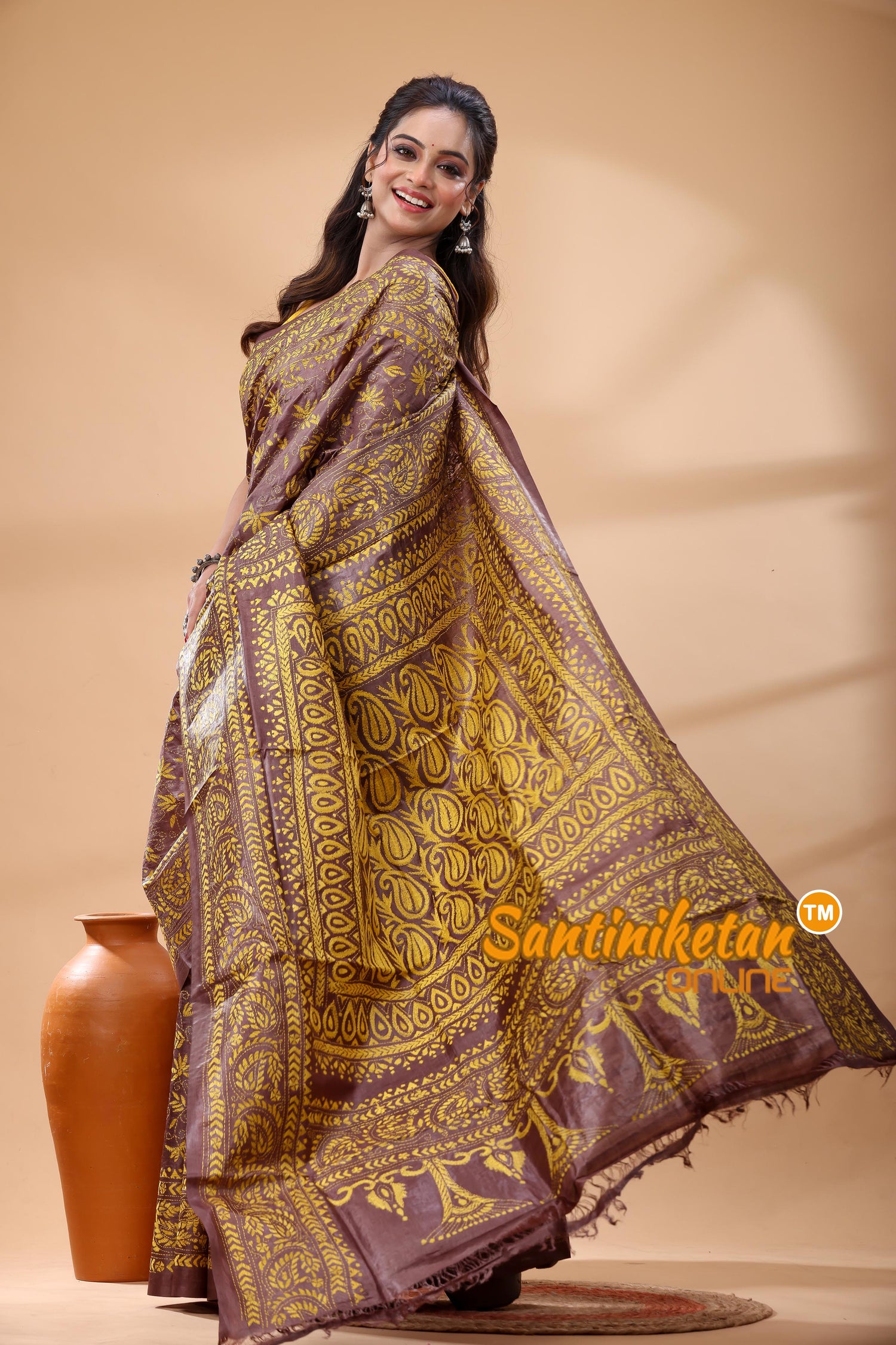 Pure Gachi Dye Tussar Silk Kantha Stitch Saree