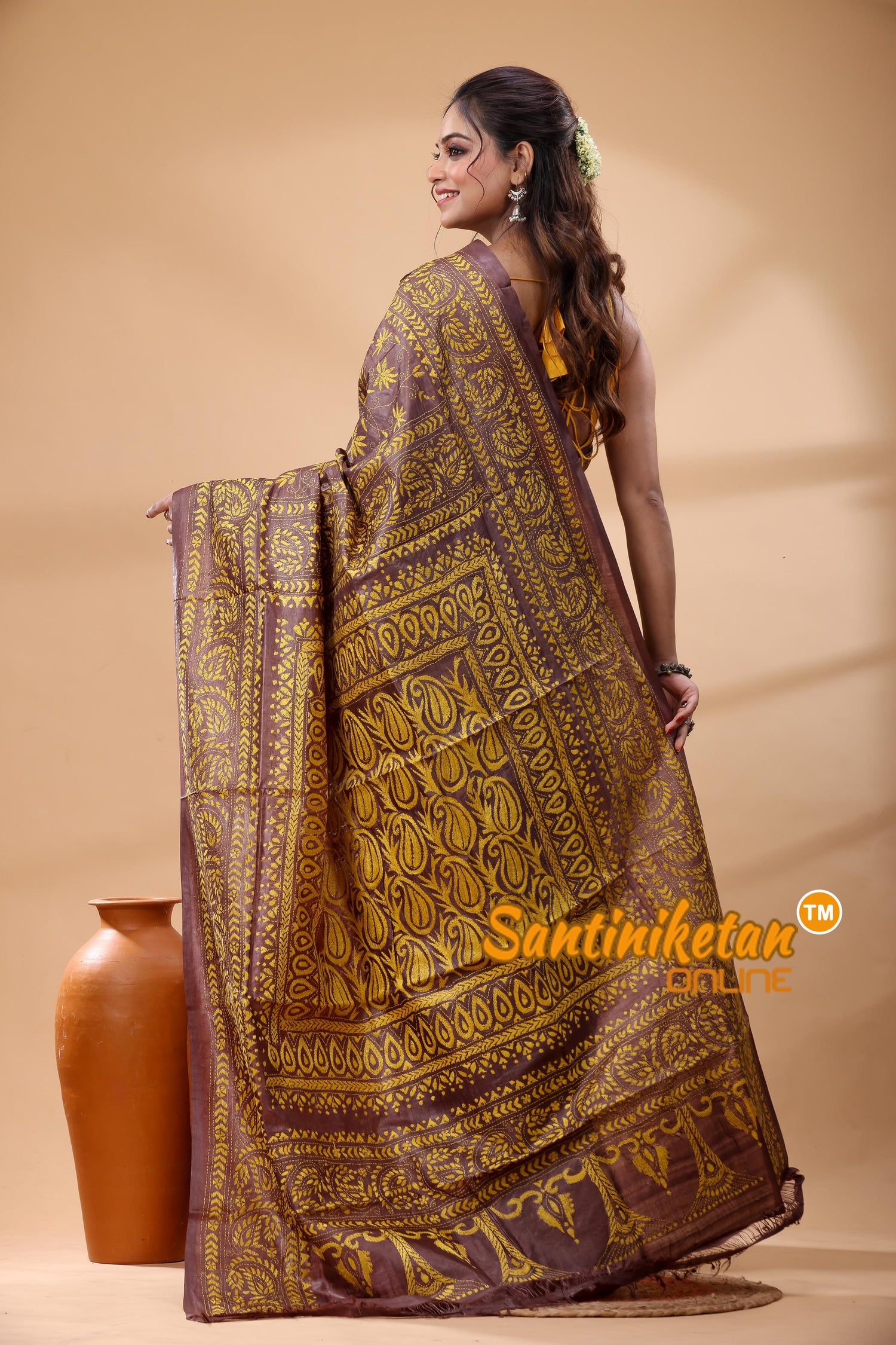 Pure Gachi Dye Tussar Silk Kantha Stitch Saree