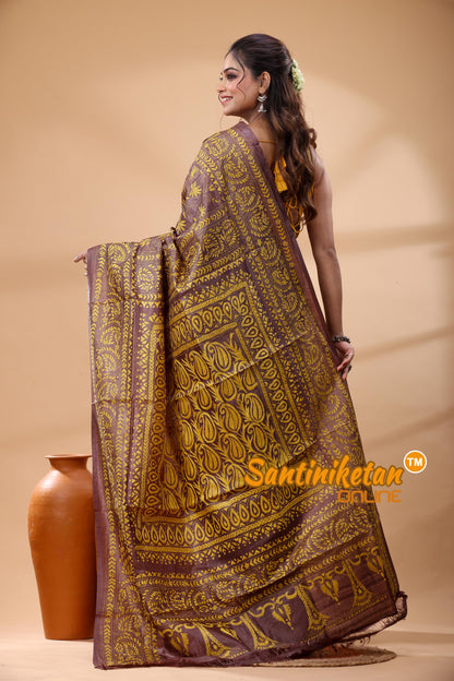 Pure Gachi Dye Tussar Silk Kantha Stitch Saree