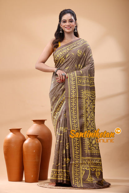 Pure Gachi Dye Tussar Silk Kantha Stitch Saree