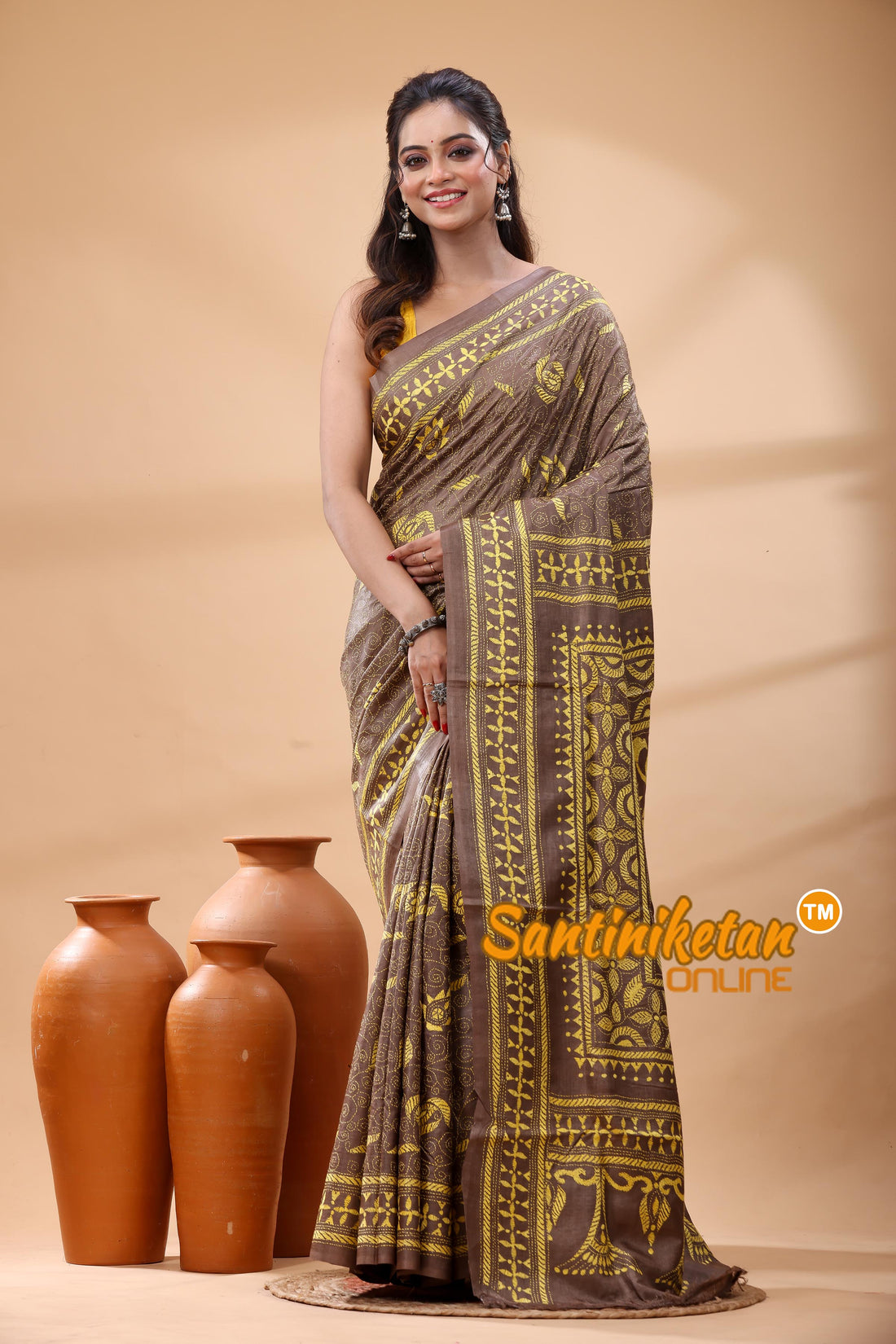 Pure Gachi Dye Tussar Silk Kantha Stitch Saree