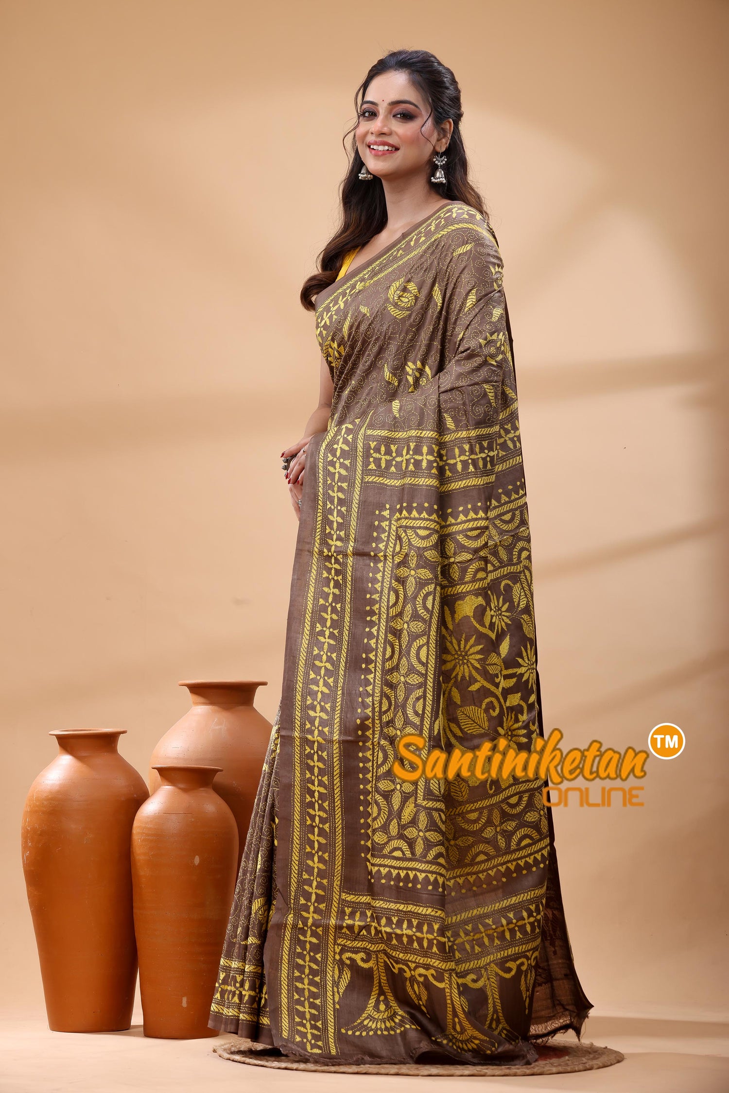 Pure Gachi Dye Tussar Silk Kantha Stitch Saree