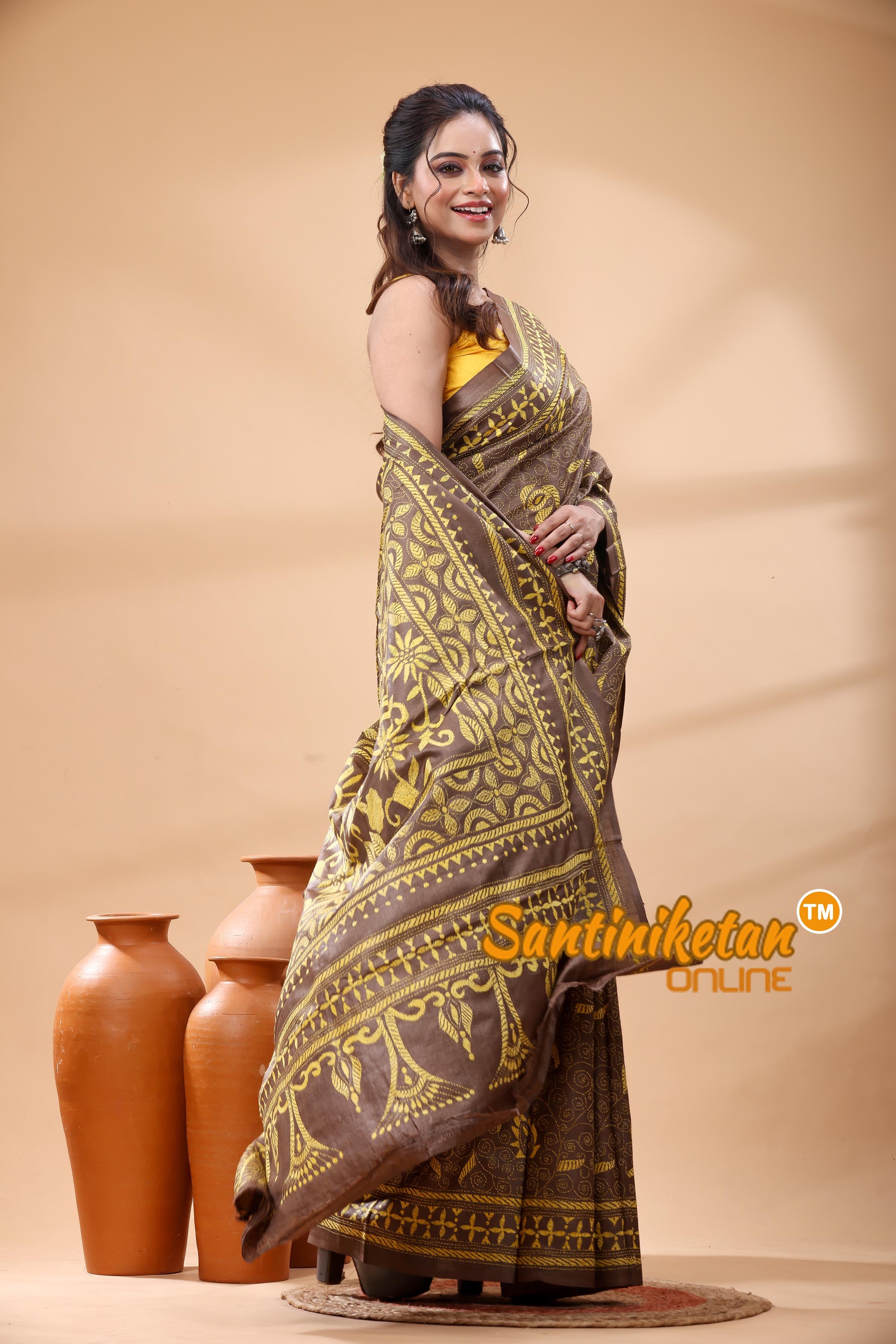 Pure Gachi Dye Tussar Silk Kantha Stitch Saree