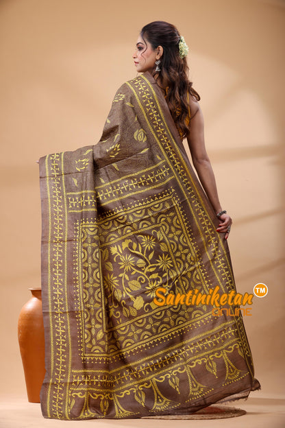 Pure Gachi Dye Tussar Silk Kantha Stitch Saree