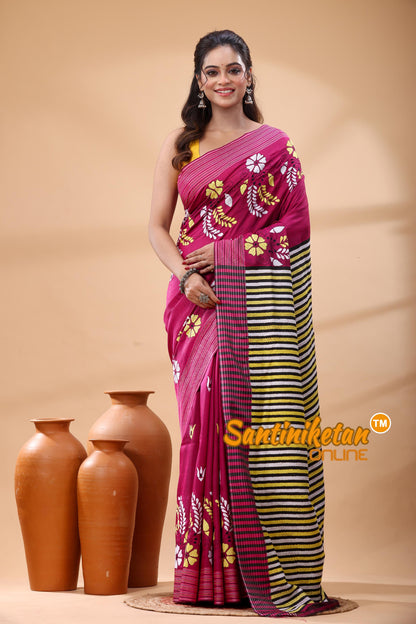 Bishnupuri (Katan) Silk Kantha Stitch Saree