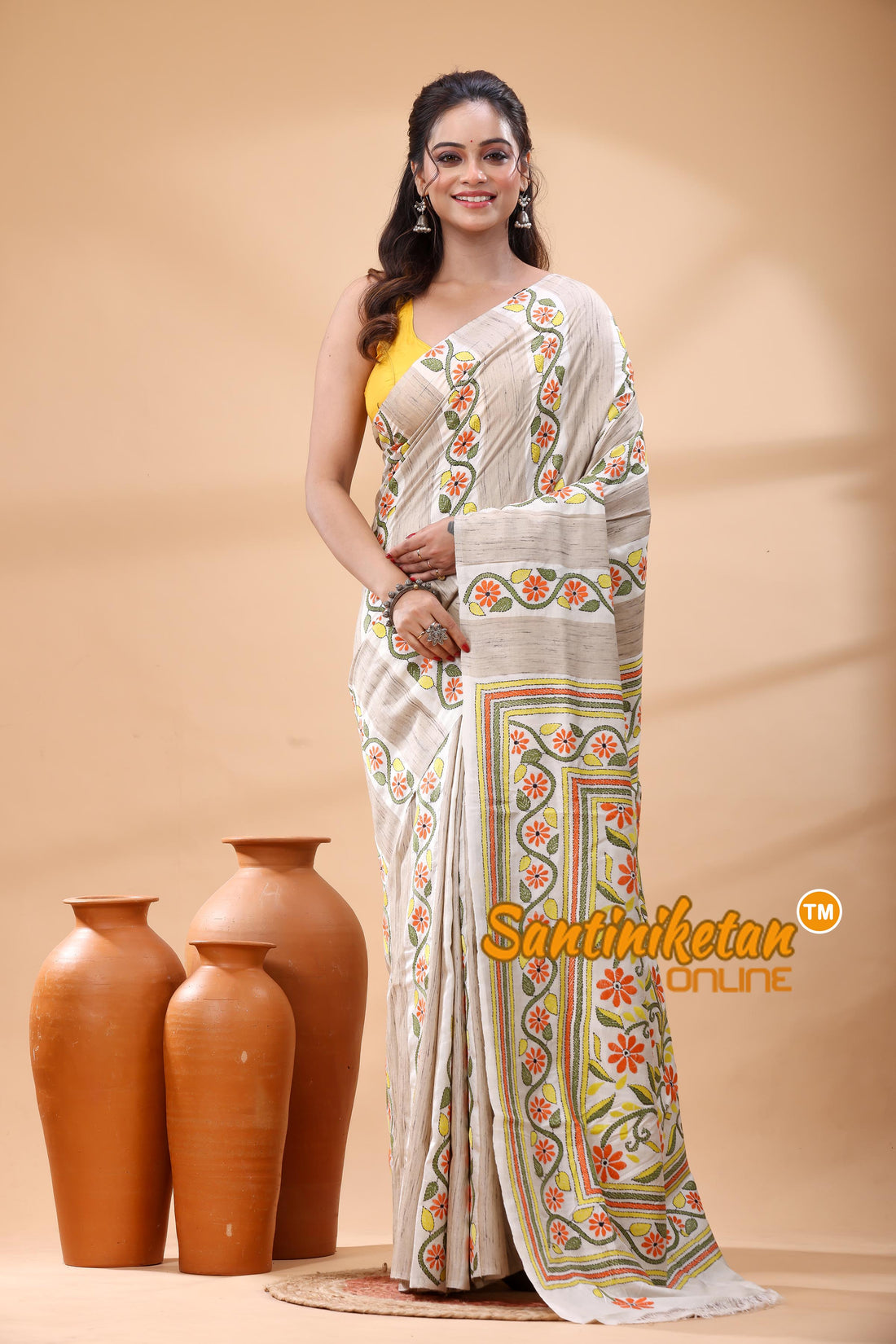 Bishnupuri (Katan) Silk Kantha Stitch Saree
