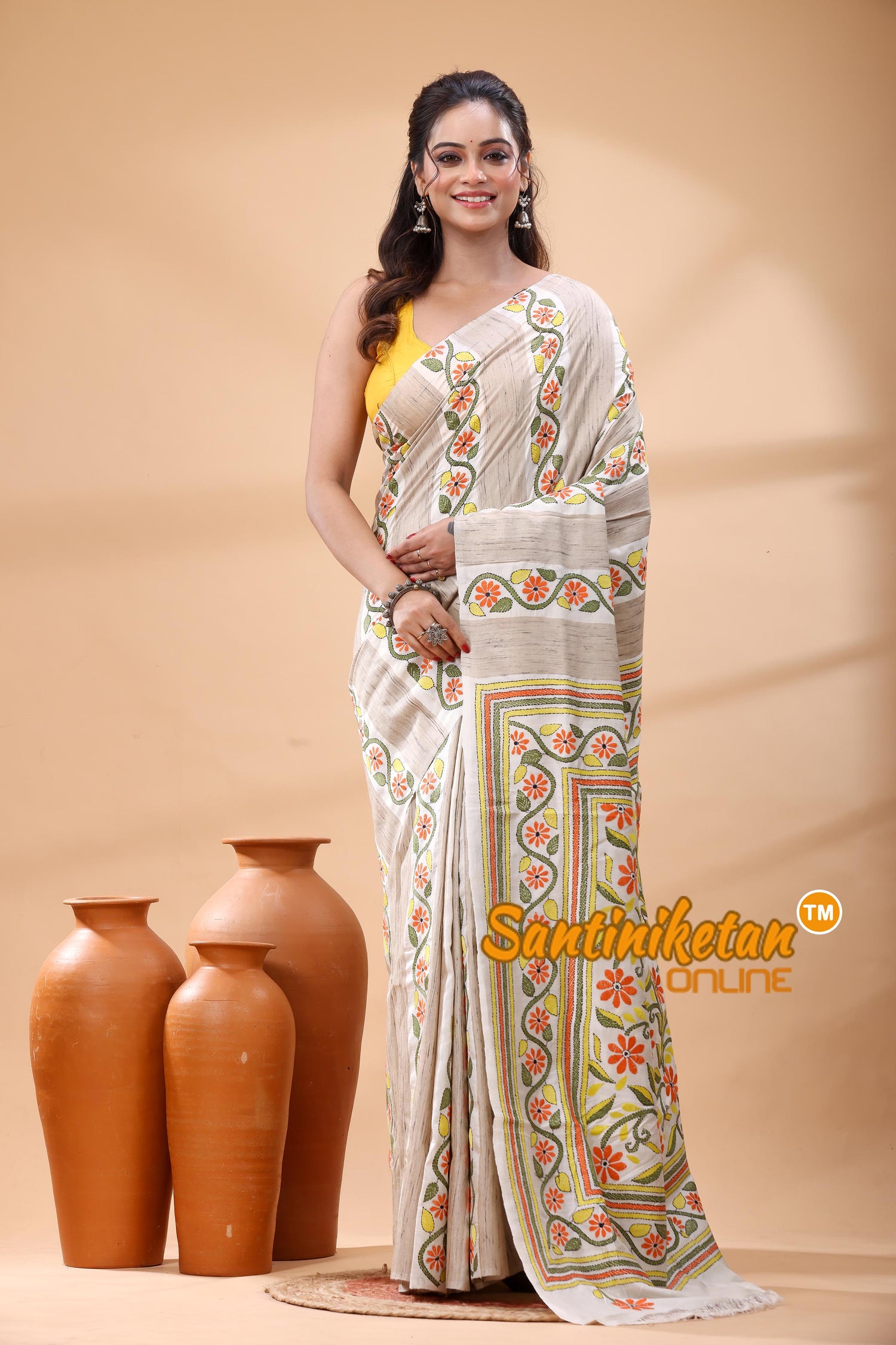 Bishnupuri (Katan) Silk Kantha Stitch Saree