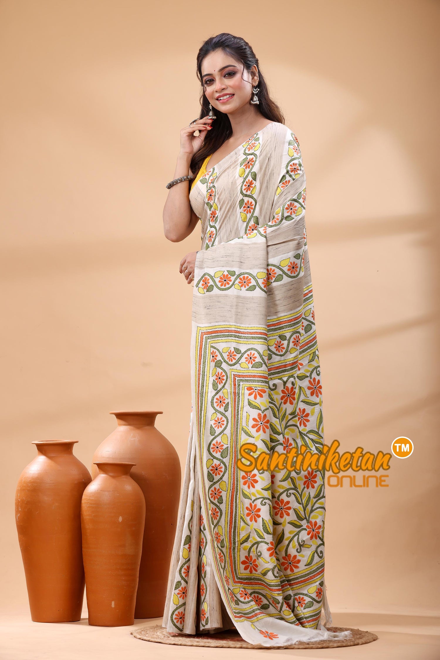 Bishnupuri (Katan) Silk Kantha Stitch Saree