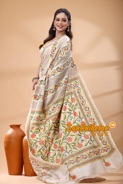 Bishnupuri (Katan) Silk Kantha Stitch Saree