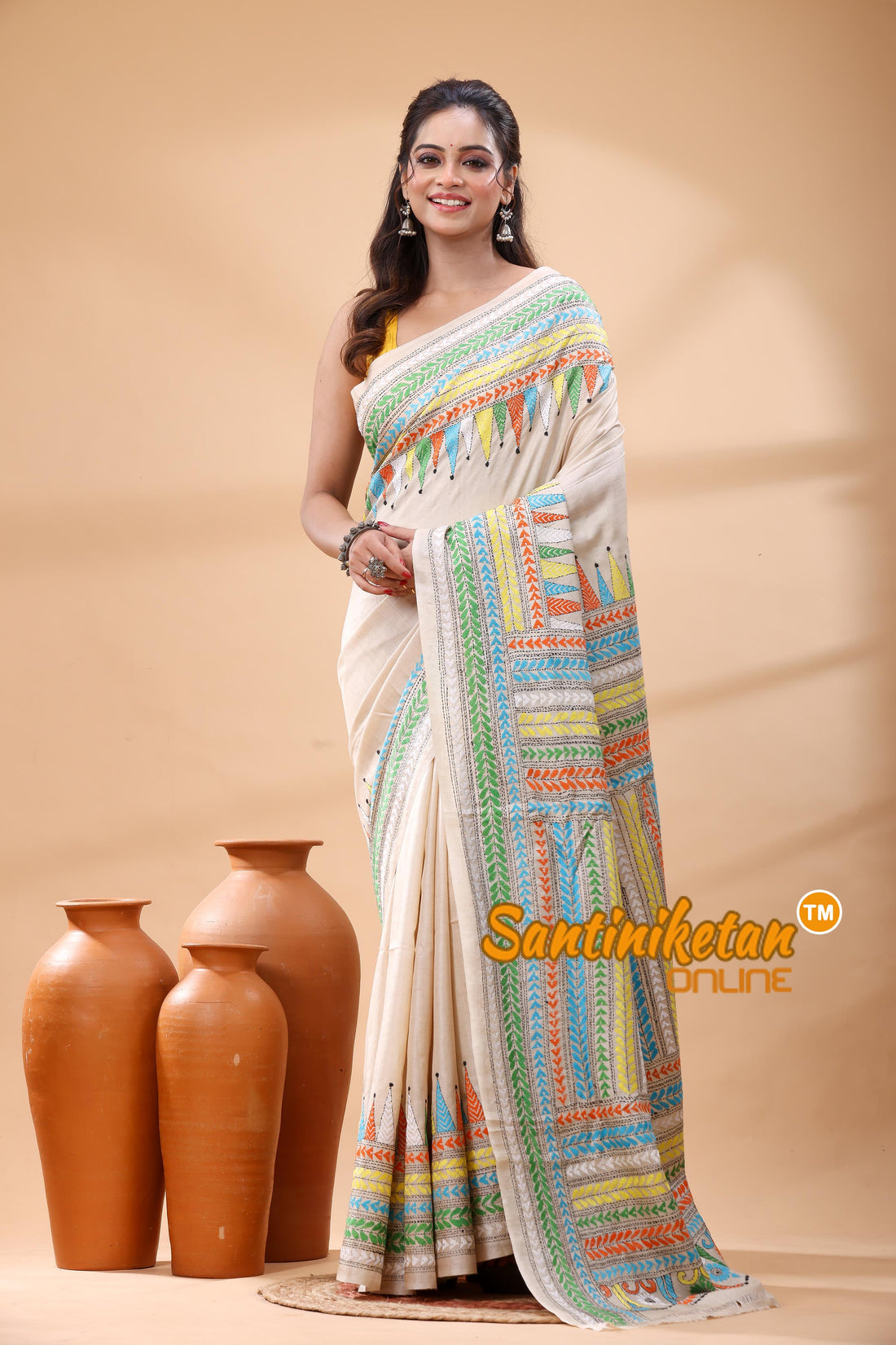 Pure Gachi Tussar Silk Kantha Stitch Saree