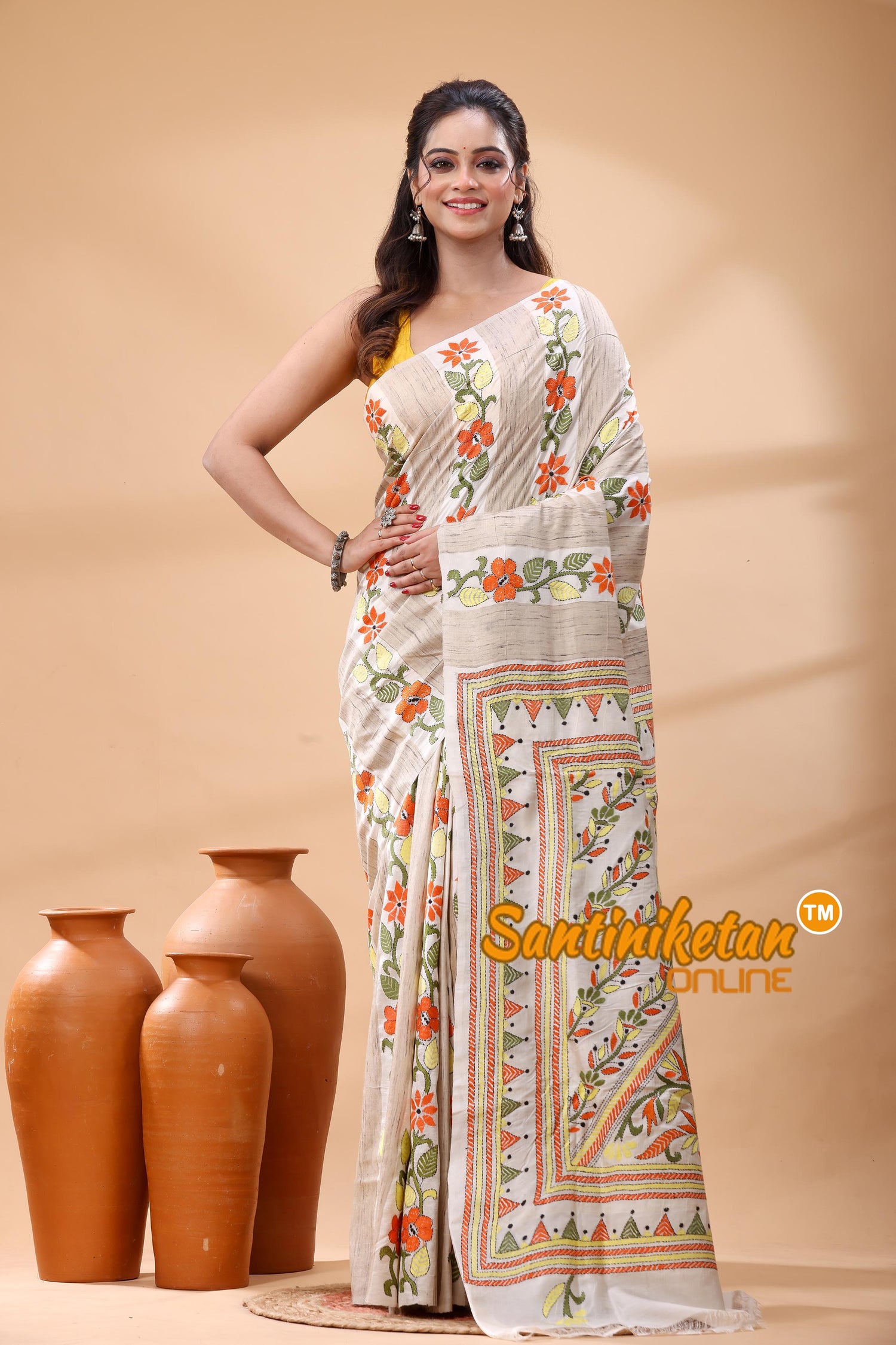 Bishnupuri (Katan) Silk Kantha Stitch Saree
