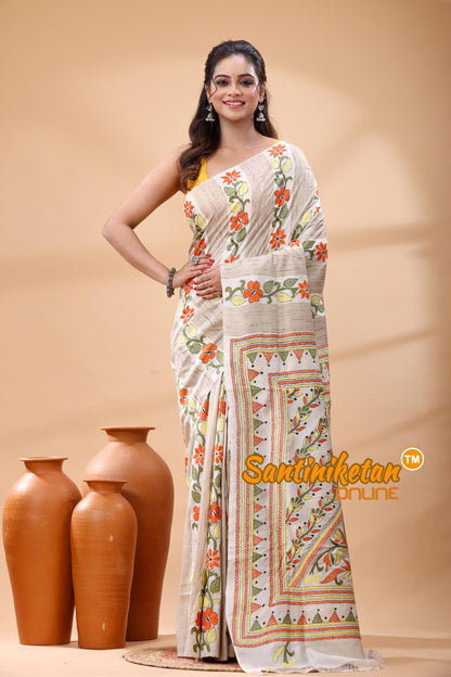 Bishnupuri (Katan) Silk Kantha Stitch Saree