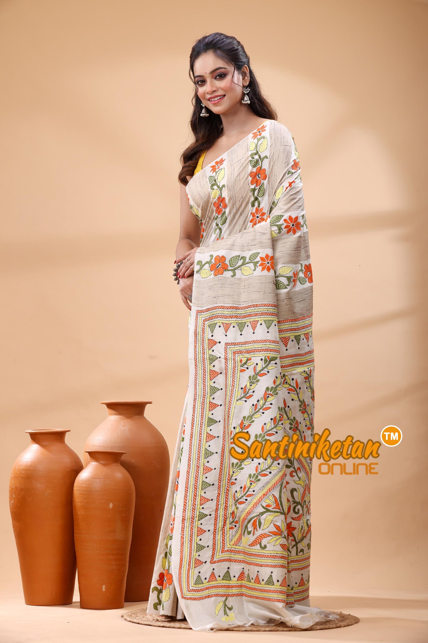 Bishnupuri (Katan) Silk Kantha Stitch Saree