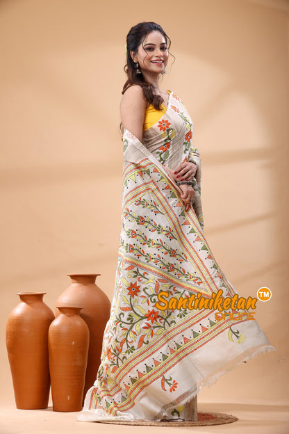 Bishnupuri (Katan) Silk Kantha Stitch Saree