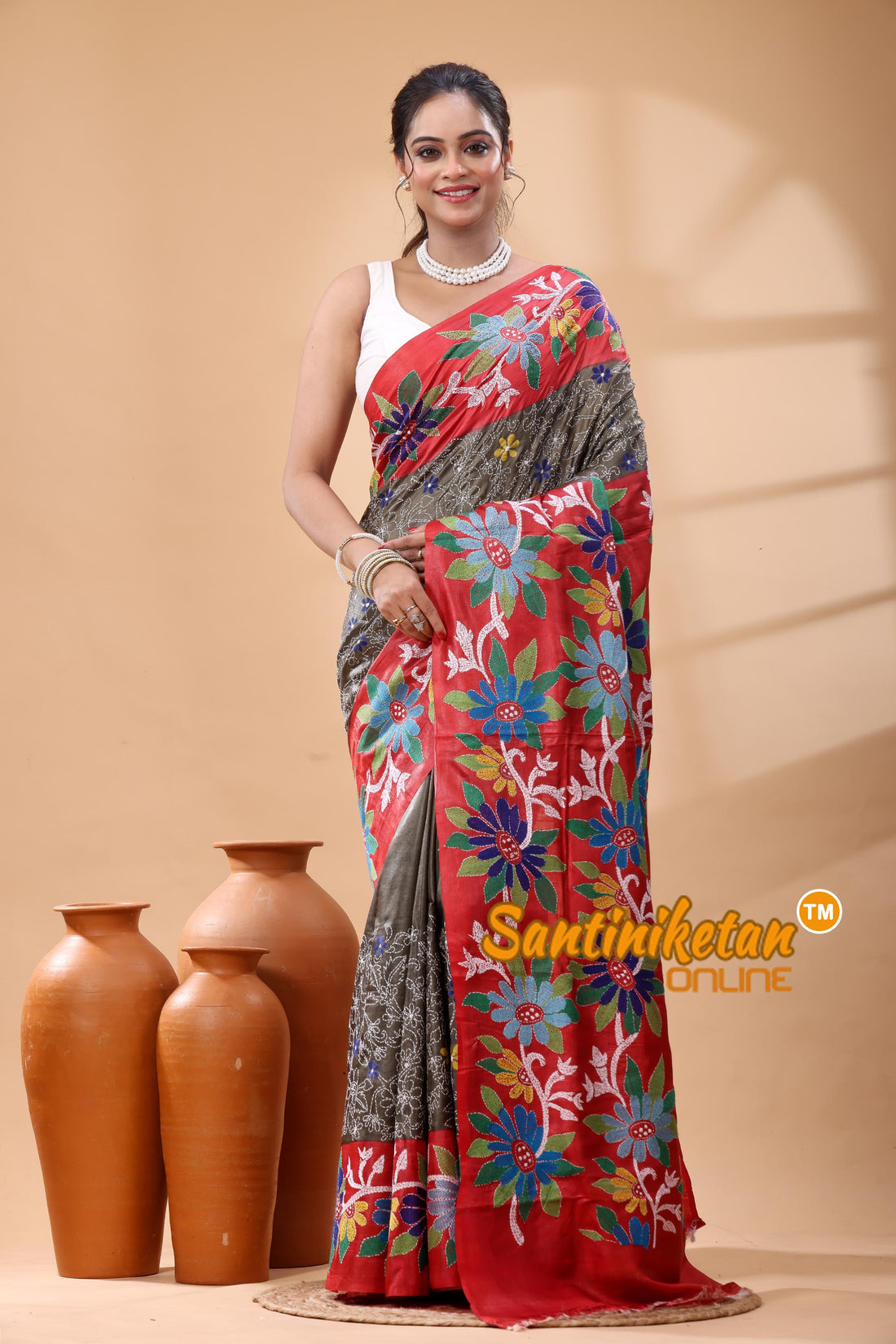 Pure Gachi Dye Tussar Silk Kantha Stitch Saree