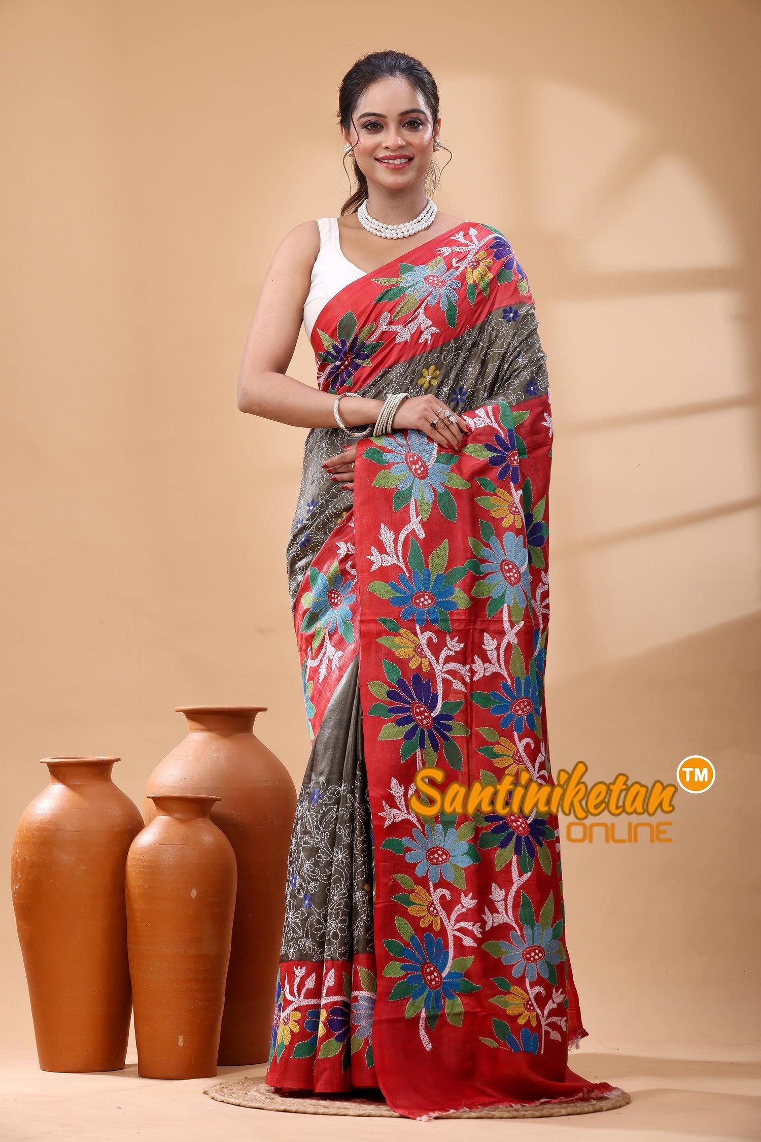 Pure Gachi Dye Tussar Silk Kantha Stitch Saree