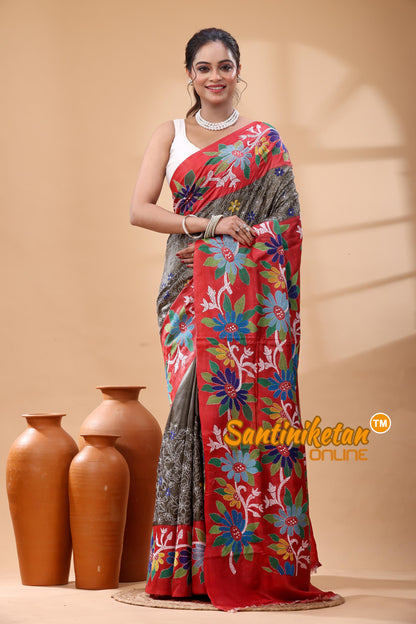 Pure Gachi Dye Tussar Silk Kantha Stitch Saree