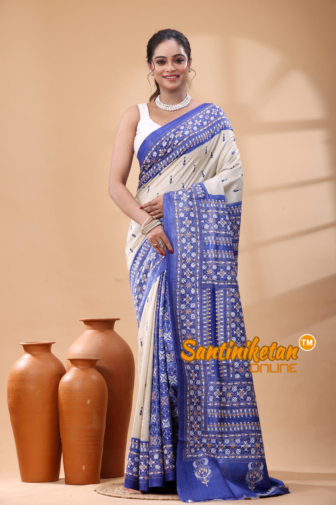 Pure Gachi Dye Tussar Silk Kantha Stitch Saree