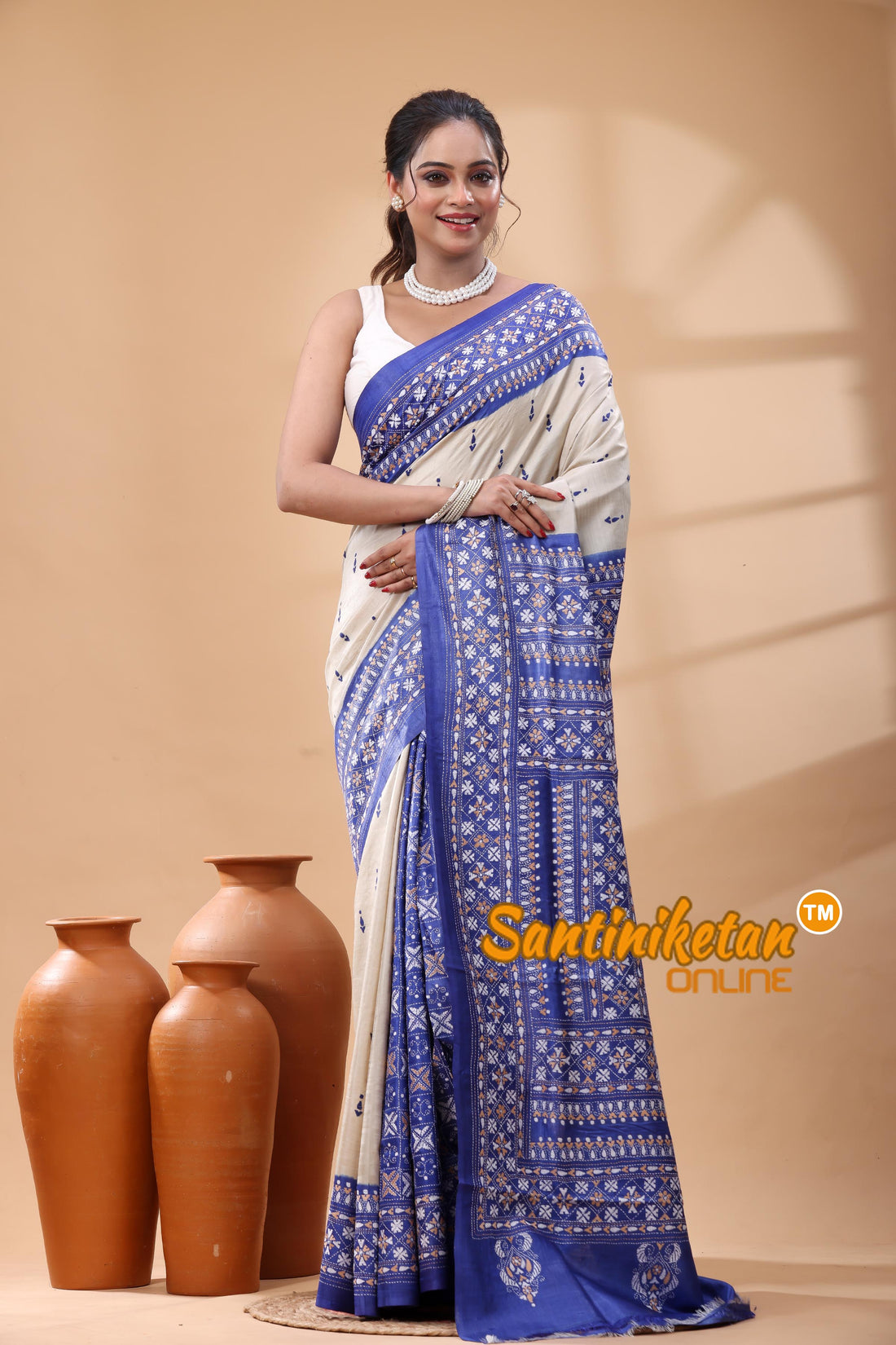 Pure Gachi Dye Tussar Silk Kantha Stitch Saree
