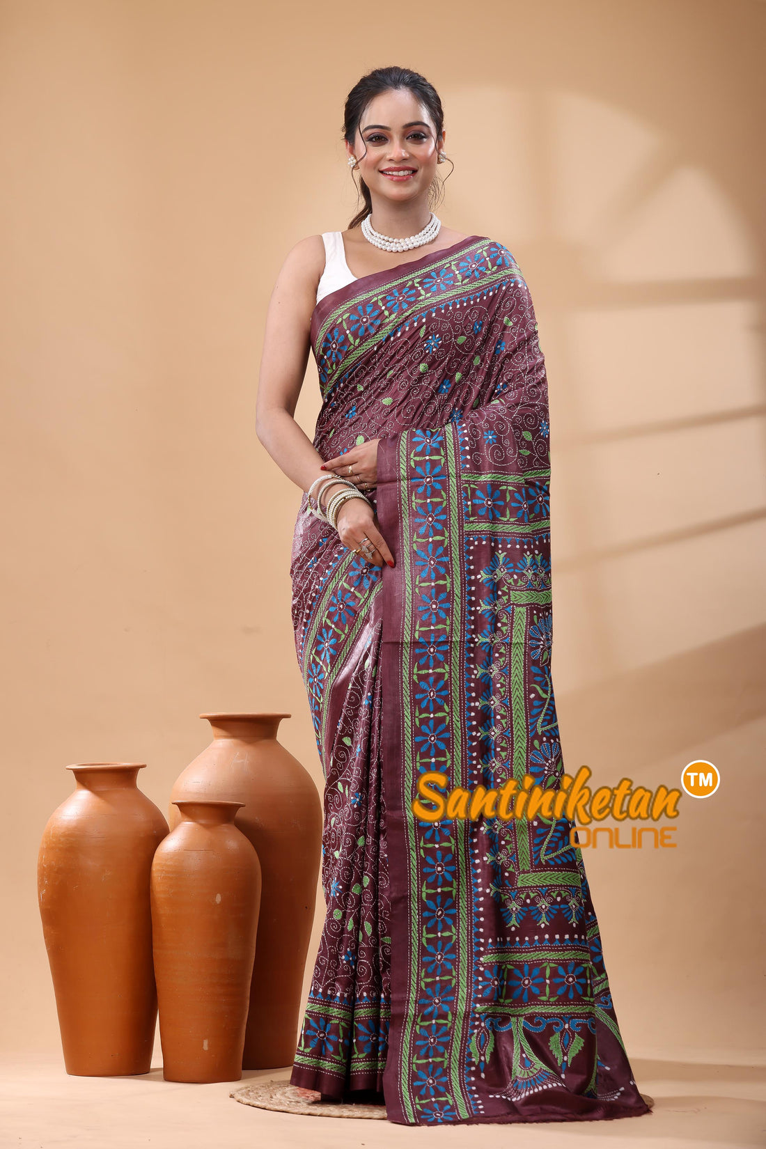 Pure Gachi Dye Tussar Silk Kantha Stitch Saree