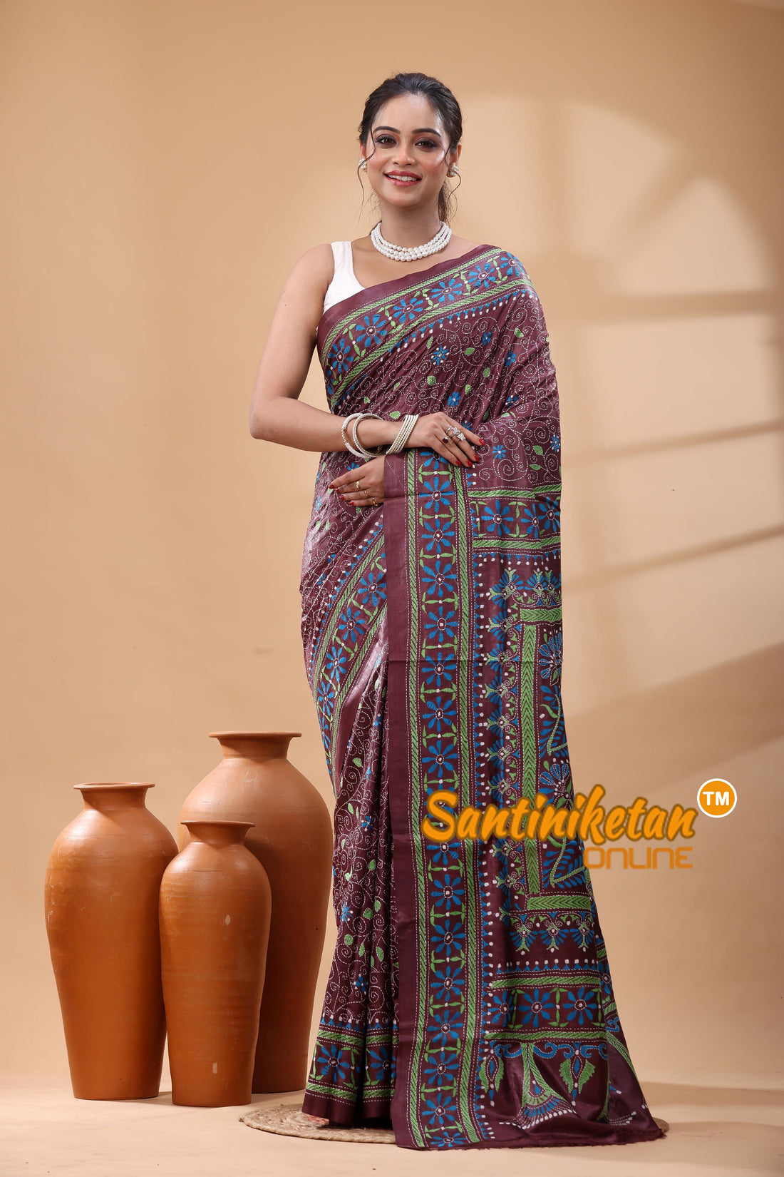 Pure Gachi Dye Tussar Silk Kantha Stitch Saree