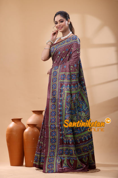Pure Gachi Dye Tussar Silk Kantha Stitch Saree